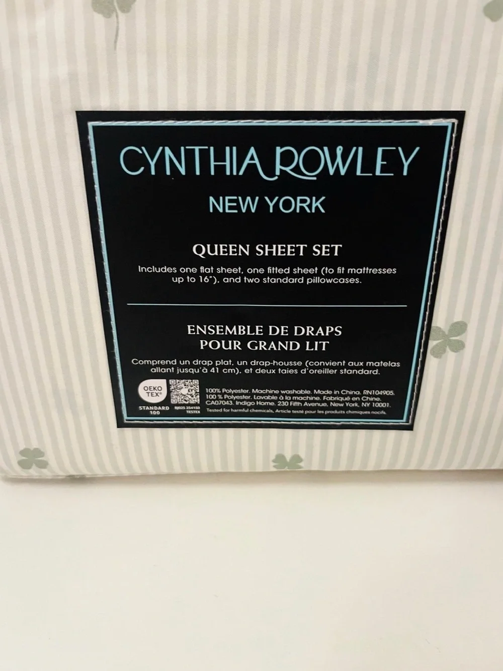 Cynthia Rowley Stripe Shamrock Queen Sheet Set Green White Irish St. Patrick